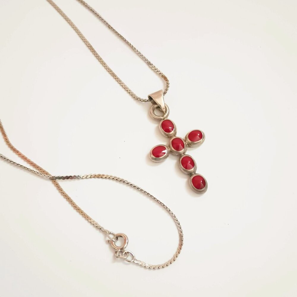 Red Inlaid Cabochon Cross Pendant Necklace 23" Silver Tone Fall Jewelry